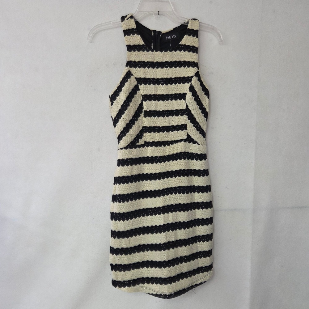fab rik Striped Knit Mini Dress Black Cream Sleeveless Womens Medium New Cut Out